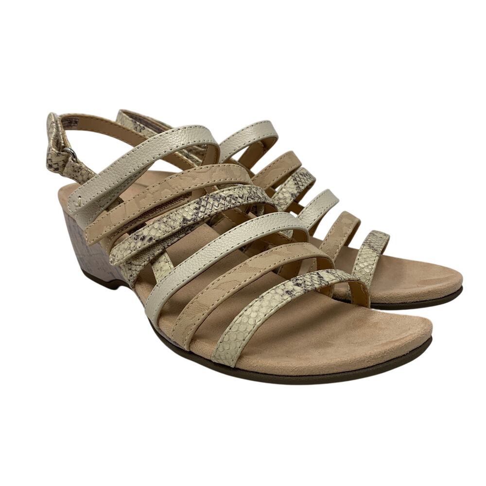 Vionic Tess Sandals Womens 9 Cream Faux Snakeskin Low Wedge Adjustable Slingback